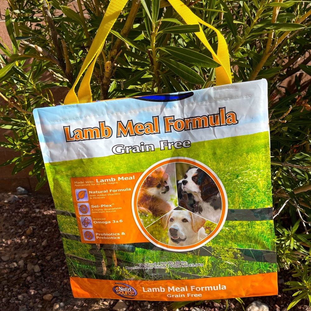 Repurposed dog food bag large tote